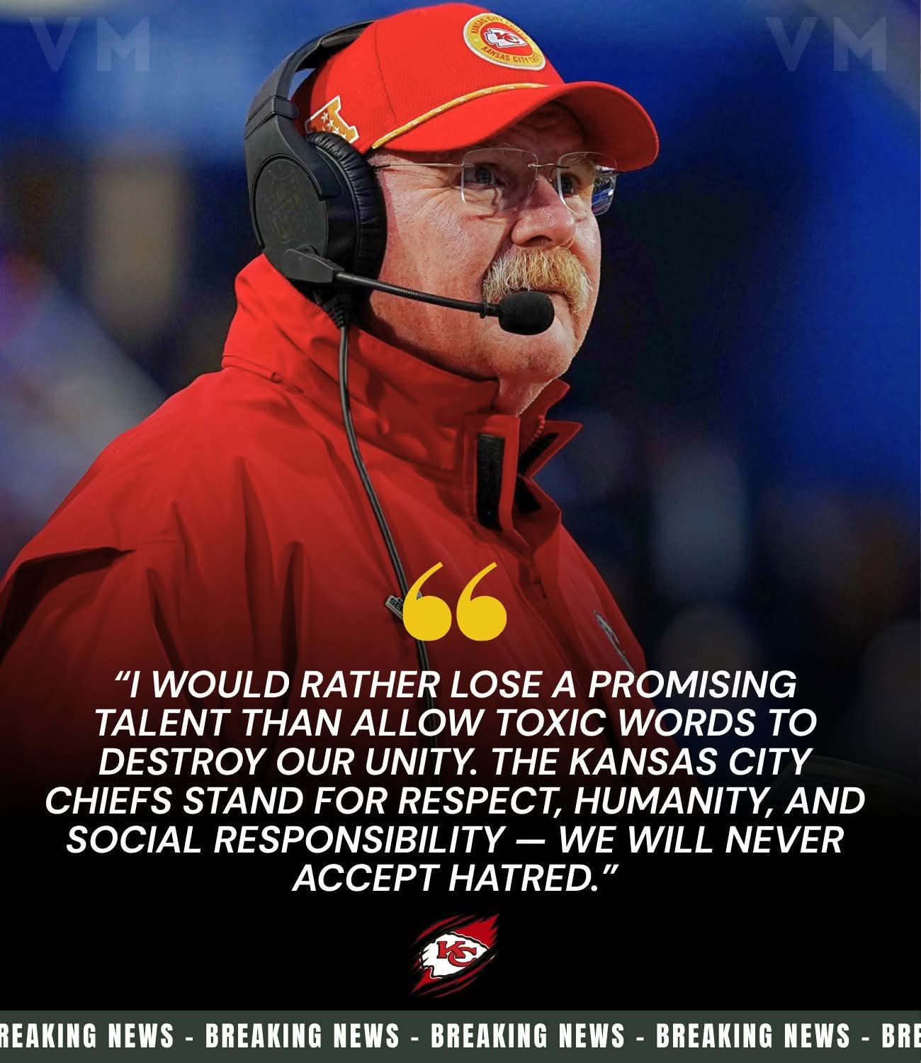 CHIEFS SHOCKER π¨: Rookie immediately cut after fiery outburst on Charlie Kirk β calling him a r@cist, a f@scist mouthpiece, and a thre@t to LGBTQ, immigr@nts, and min0rities. Head Coach Andy Reid angrily declared: βIβd rather lose a player than tolerate h@tred. These toxic values will never exist within the Kansas City Chiefs!ββ β